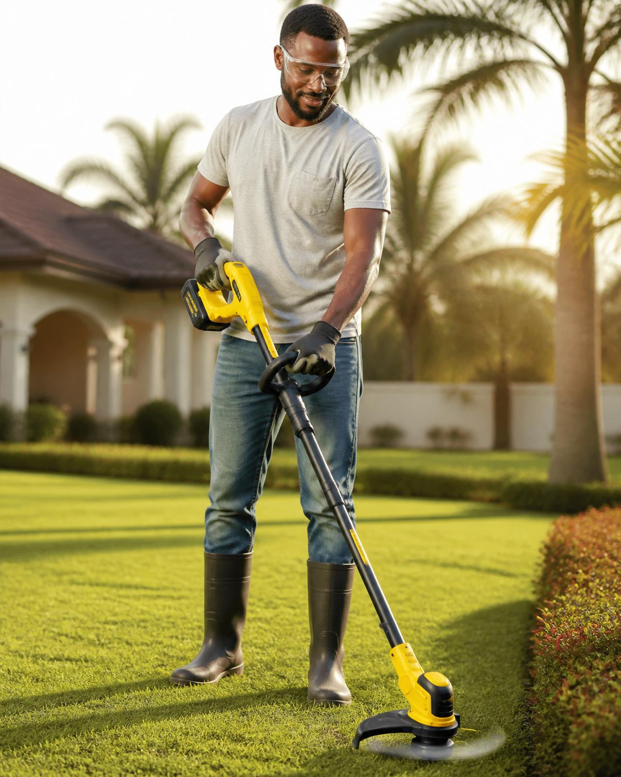 Nigerian homeowner confidently using the cordless rechargeable grass trimmer outdoors